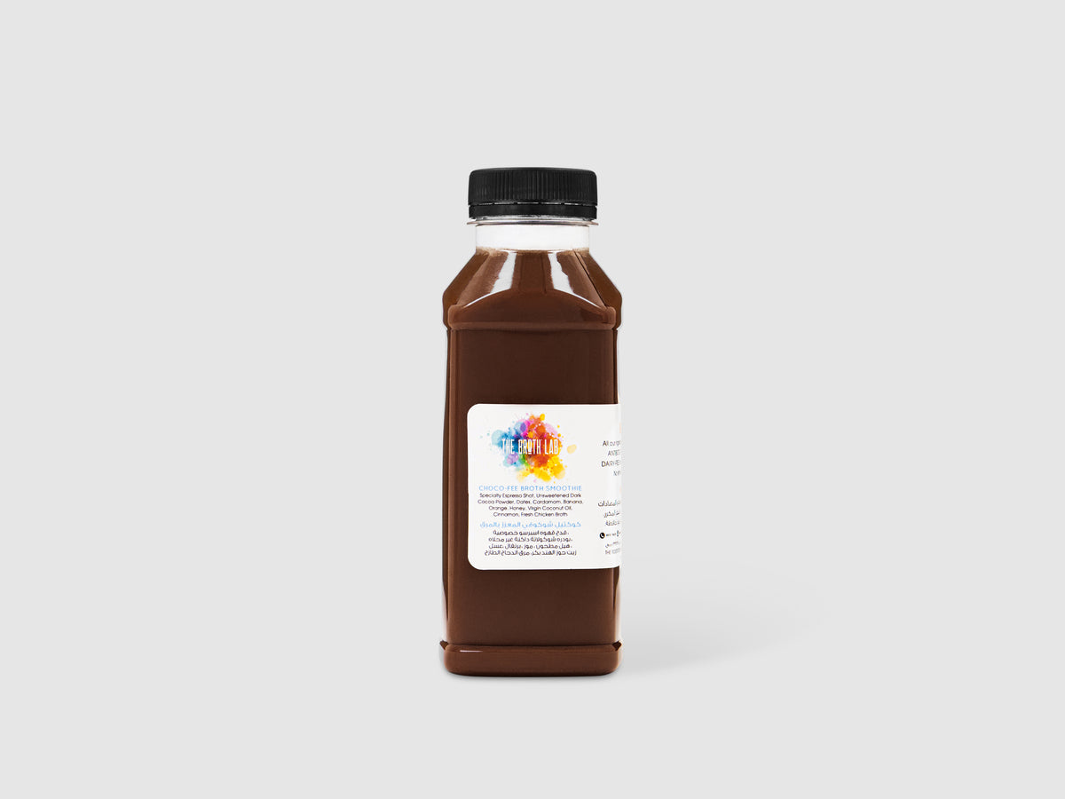 Choco-Fee broth smoothie bottle with brown drink and black screw cap