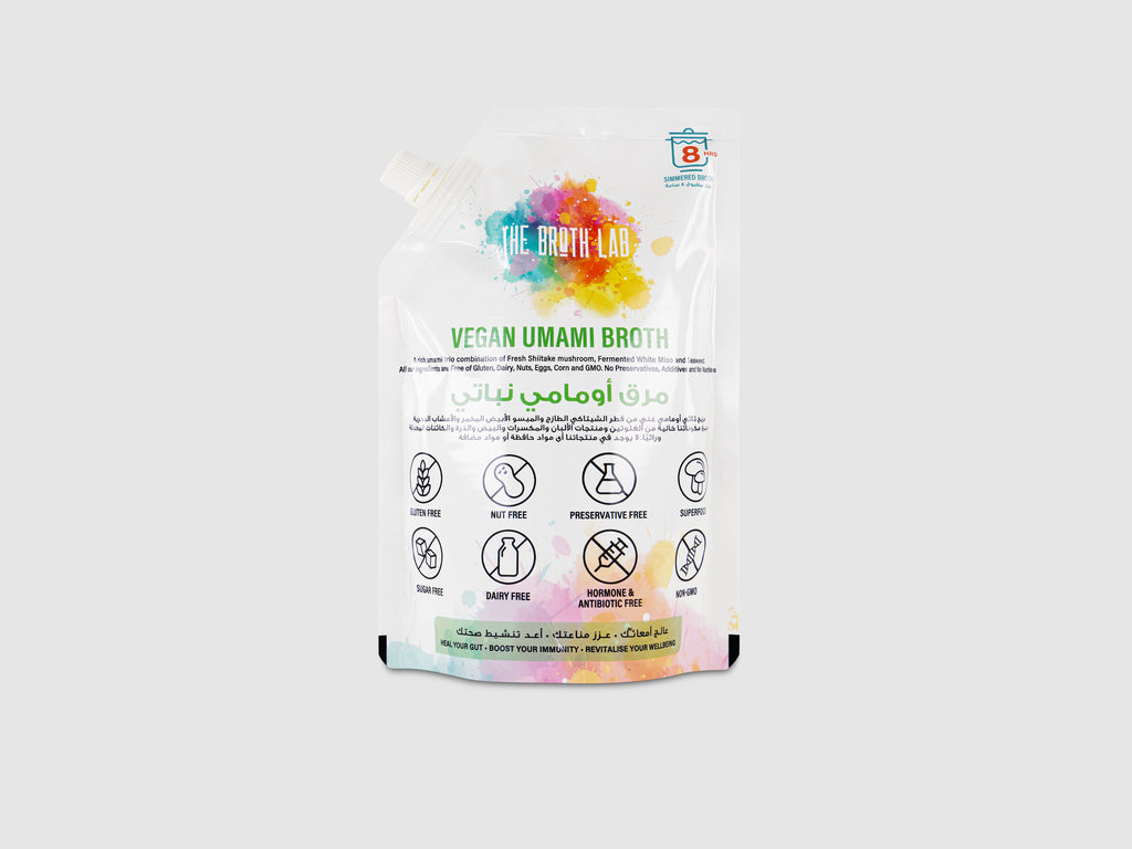 Vegan Umami Broth package with colorful label on a white background