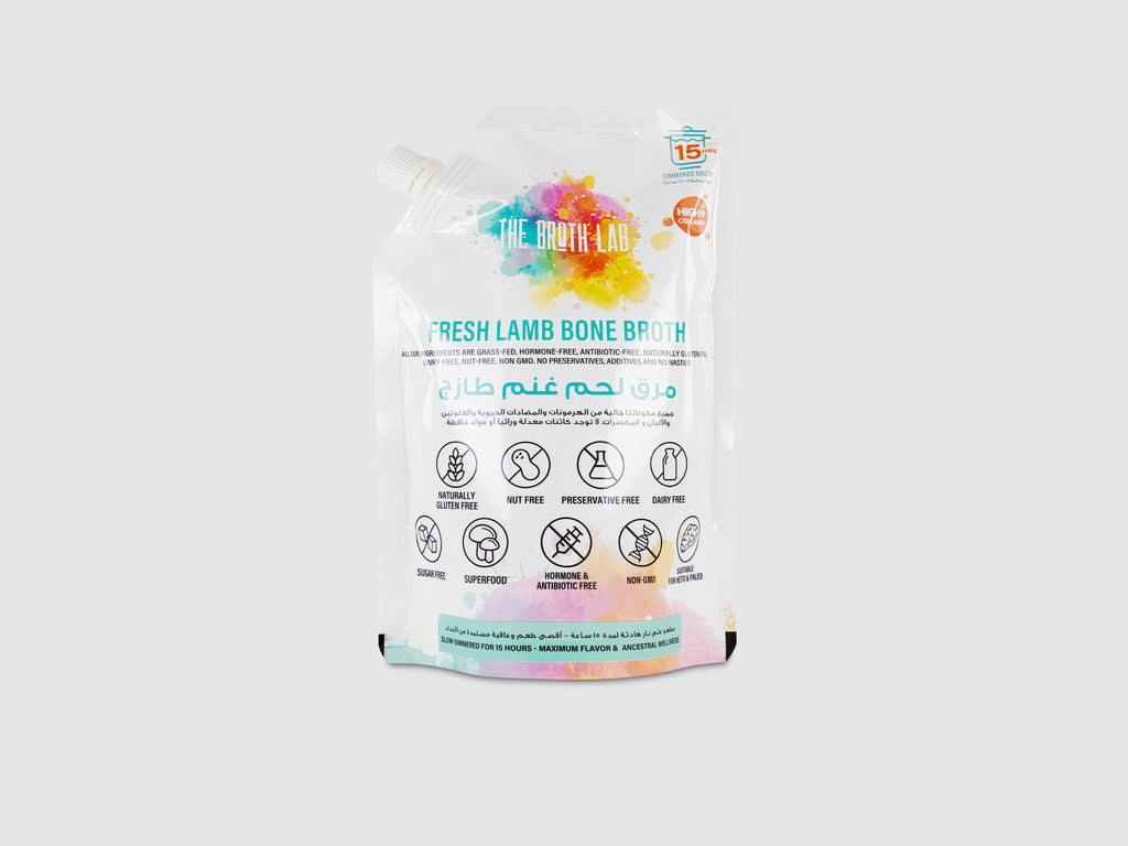 Bag of Fresh Lamb Bone Broth with colorful label on a white background