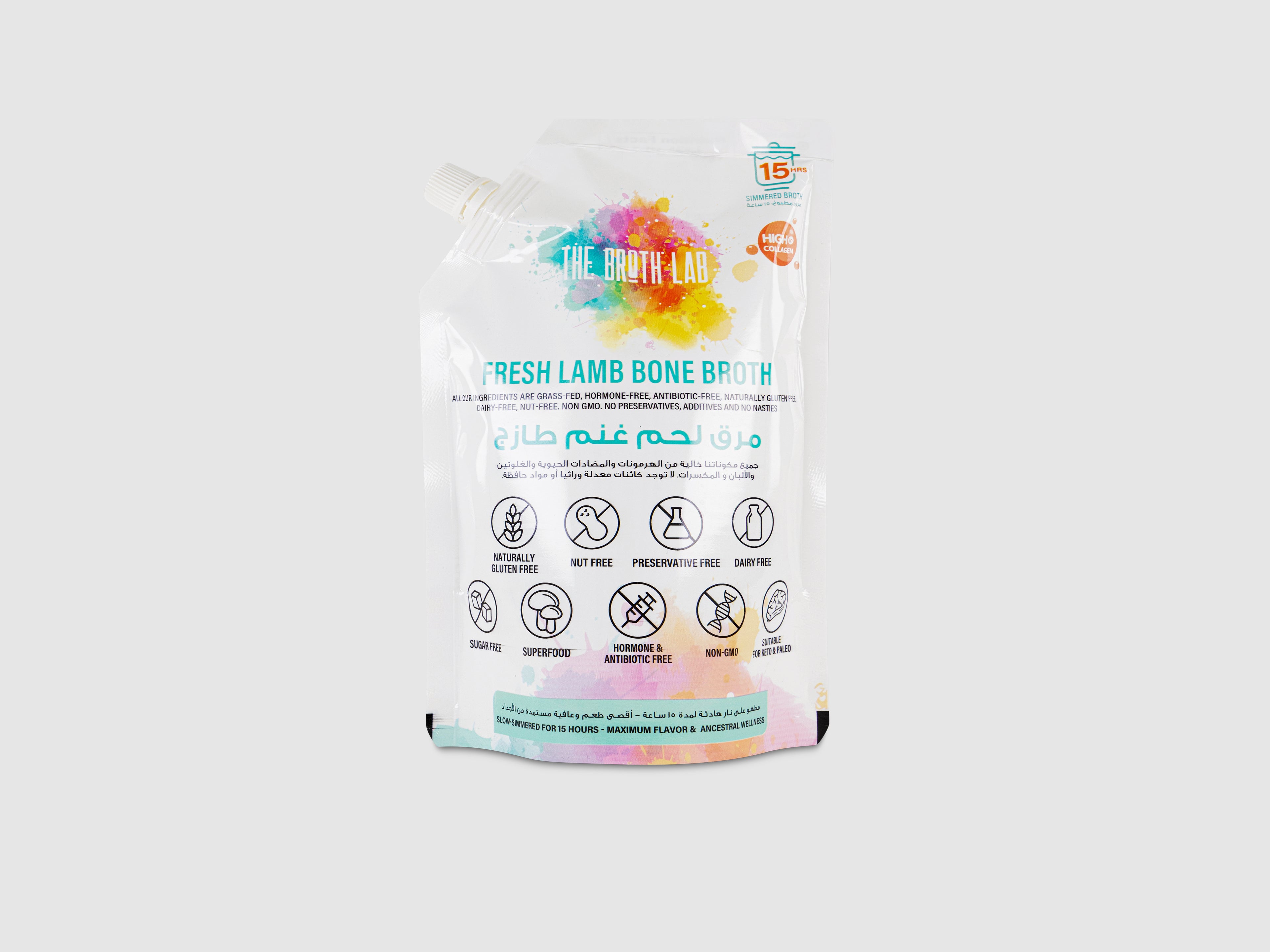 Bag of Fresh Lamb Bone Broth with colorful label on a white background
