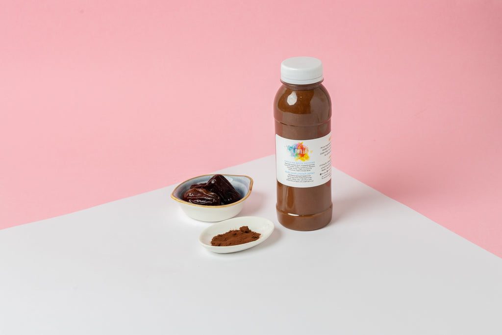 Choco-Fee broth smoothie bottle with dark topping and cocoa powder