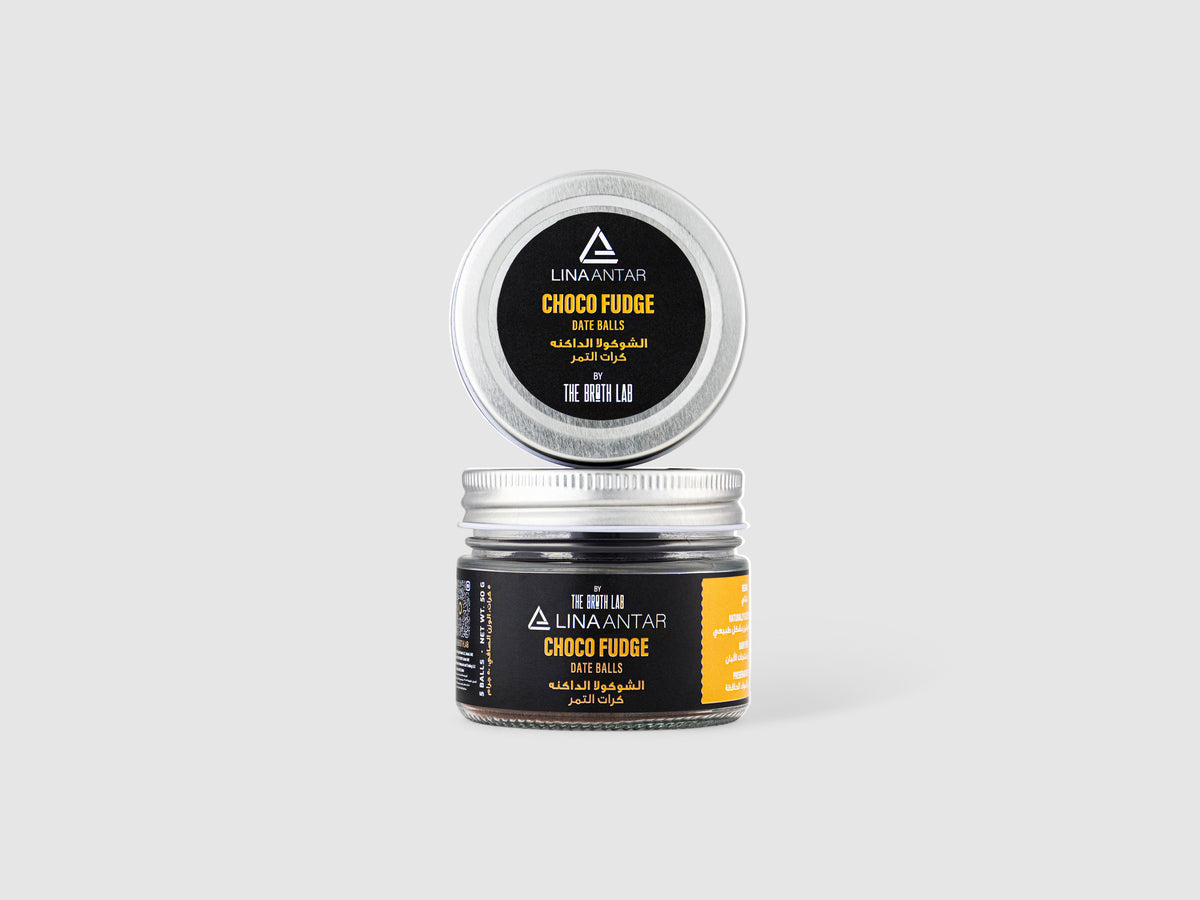 Choco fudge energy balls jar, sealed with white lid and label