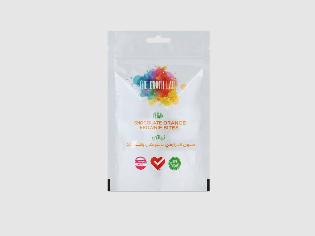 Vegan chocolate orange brownie bites packaging with brand logo on a white background