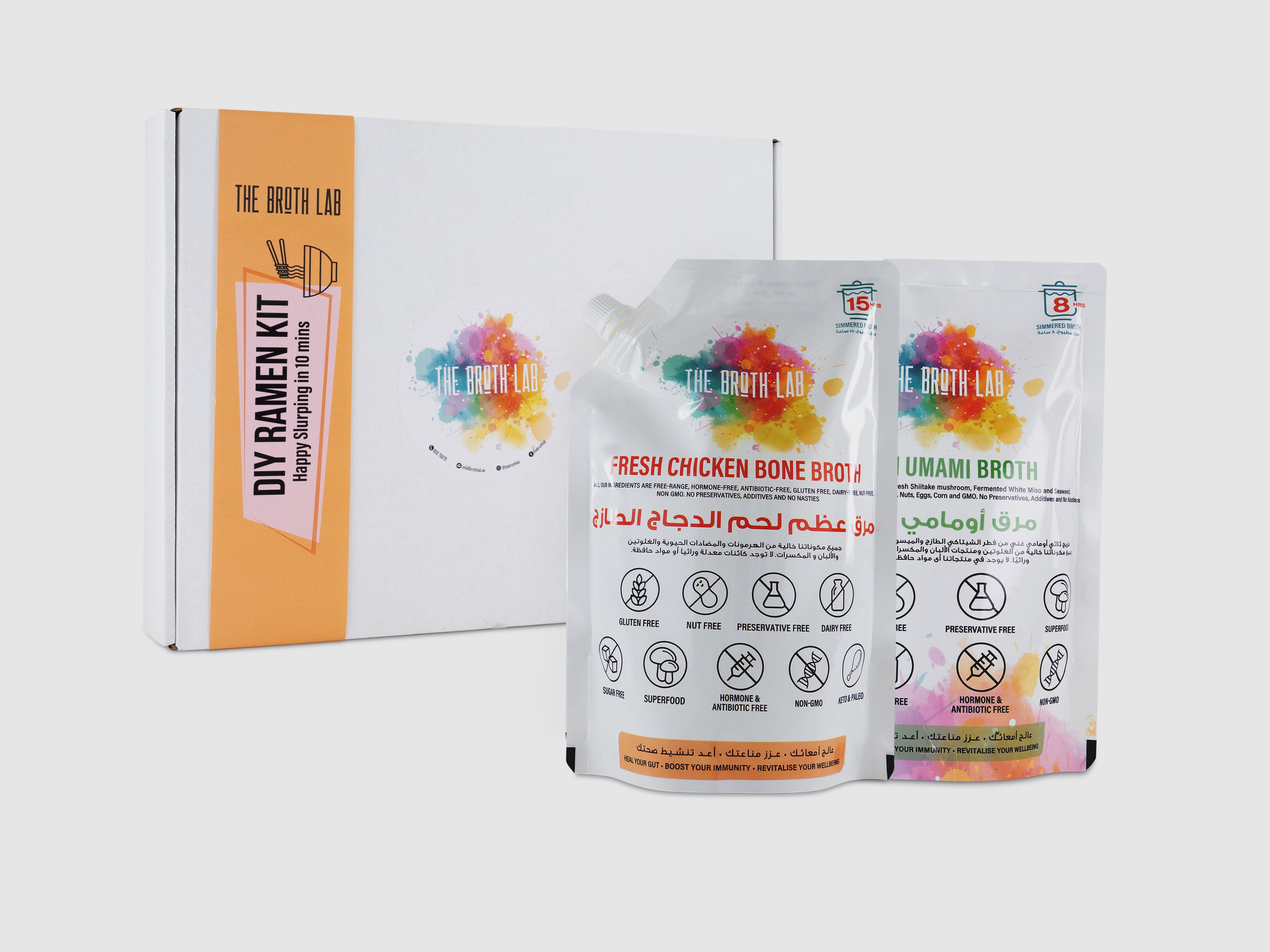 DIY ramen kit with boxed contents and two broth pouches