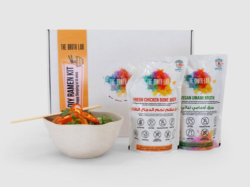 The broth lab products including broth packets and a ramen kit on a white background