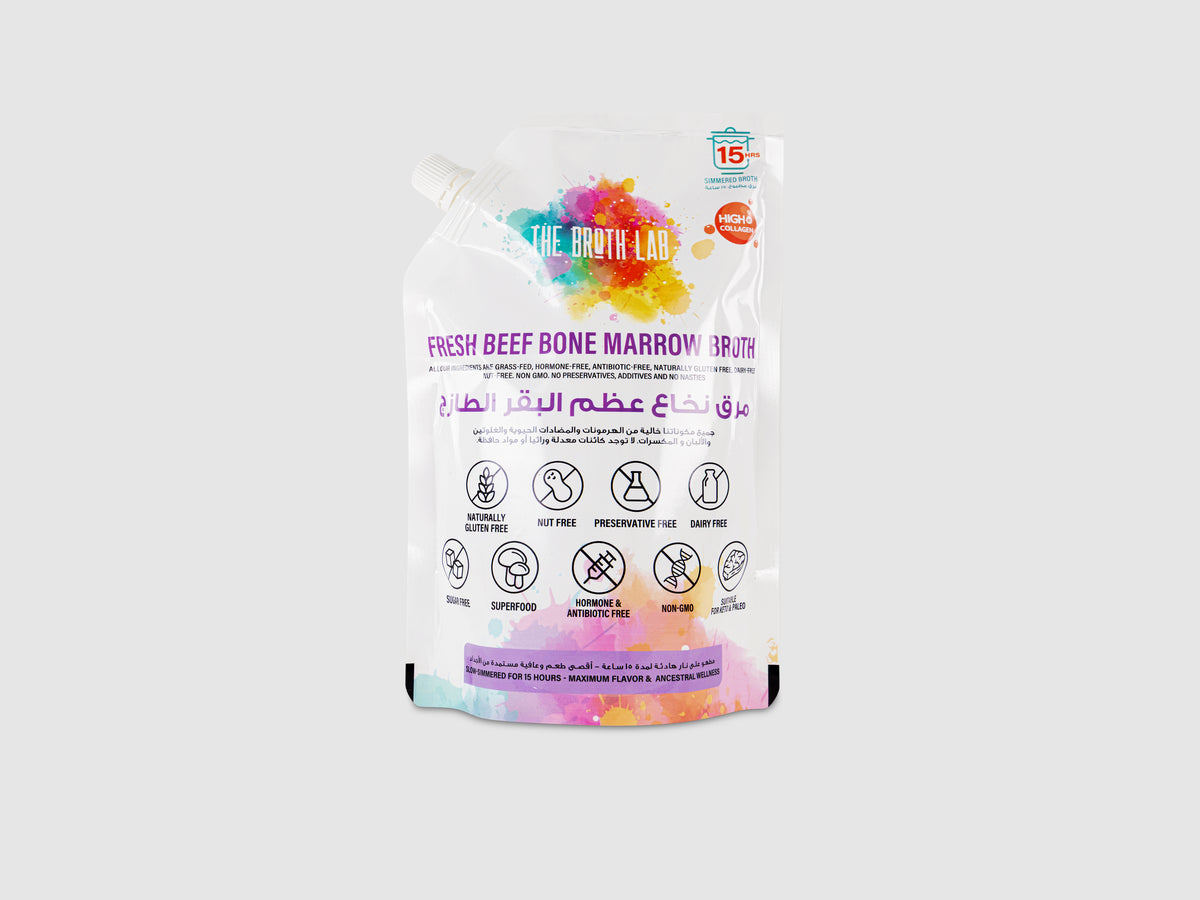 Fresh beef bone marrow broth pouch, 500ml stand-up spout pouch