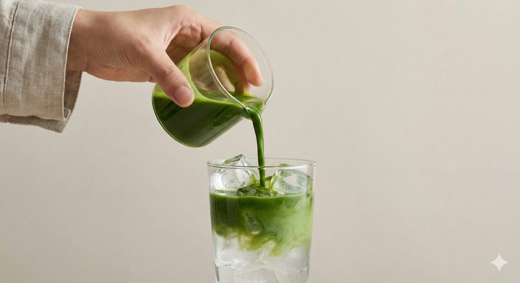 Hand pouring matcha from a glass container into another glass with ice on a neutral background