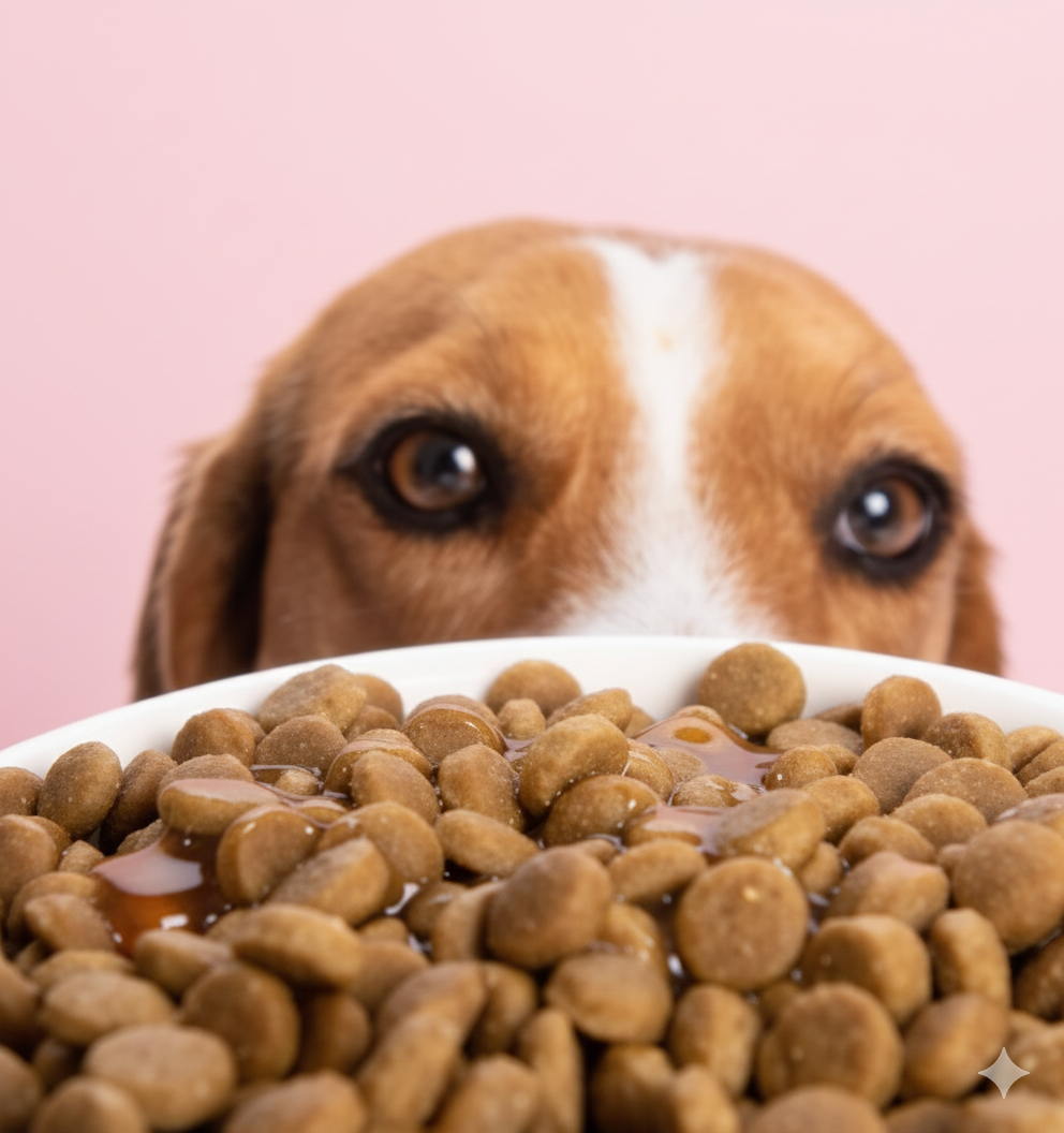 Dog looking at a bowl of broth-infused kibble with a pink background