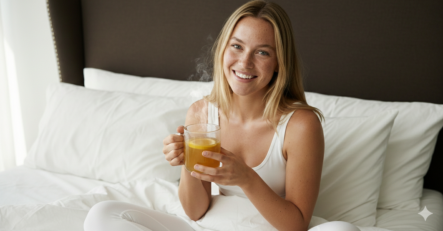 Woman sitting on a bed holding a glass of ginger lemon broth tea, smiling.