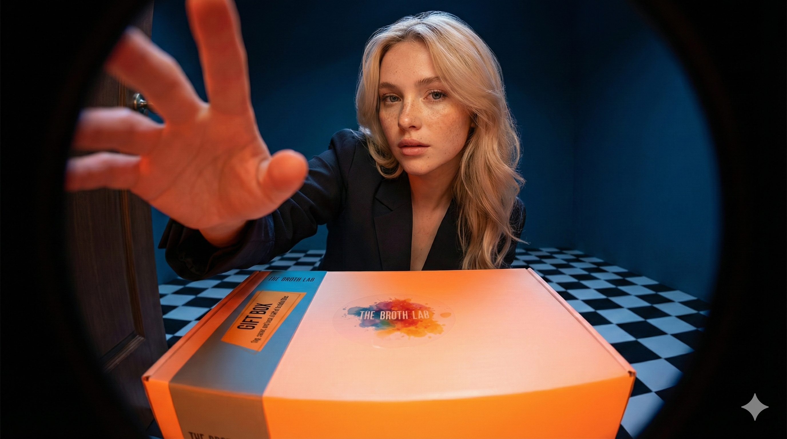 Woman with an orange box labeled 'The Truth Lab' in a dark room with checkered floor.