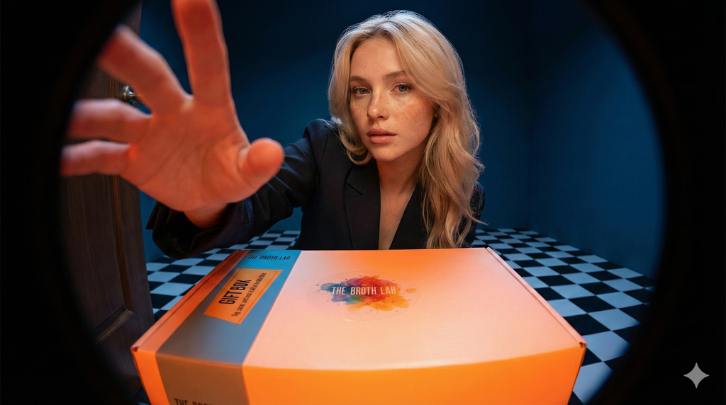 Woman with an orange box labeled 'The Broth Lab' rings the doorbell in the UAE