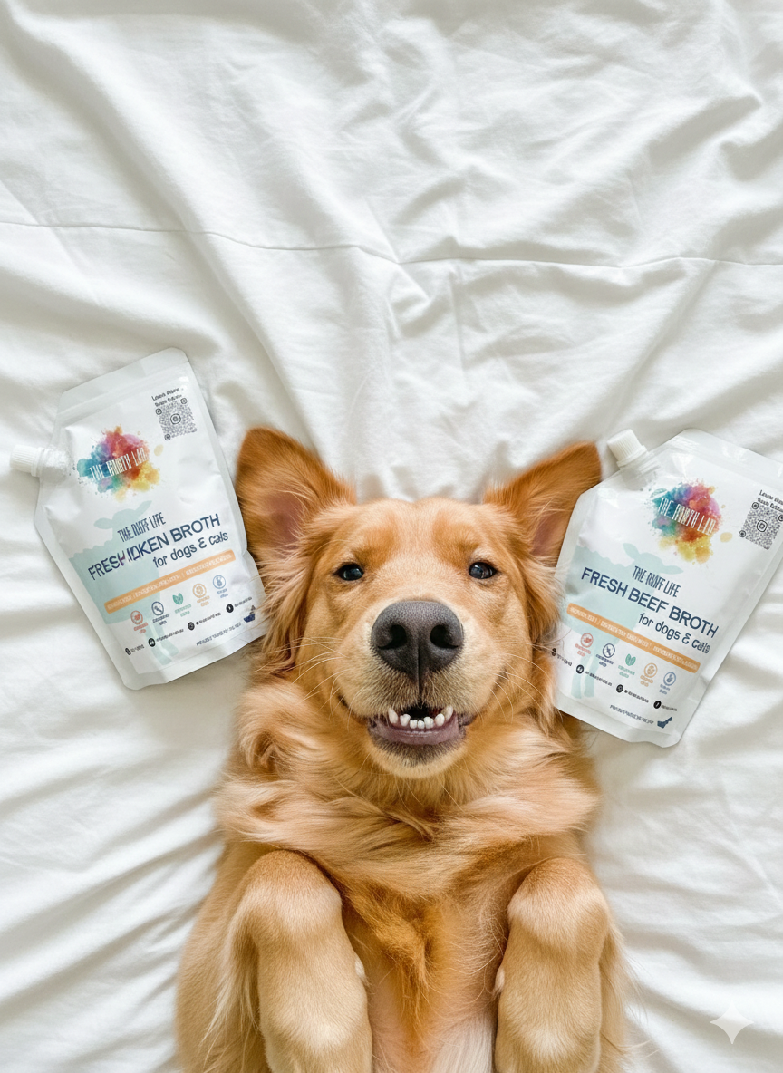 Dog lying on a bed with two packages of Fresh Picked Broth for dogs.