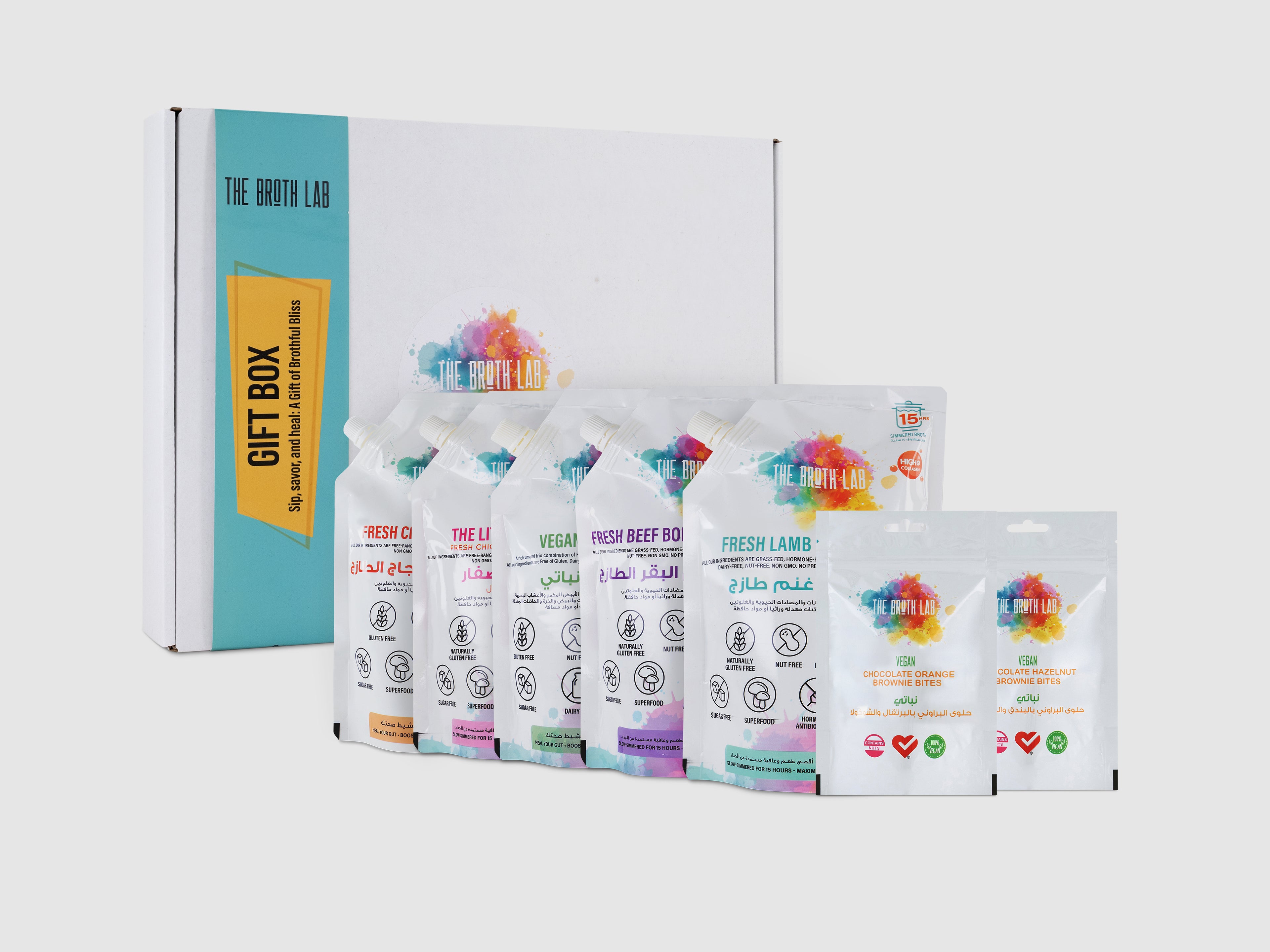 Gift box set from The Broth Lab with various packages on a white background