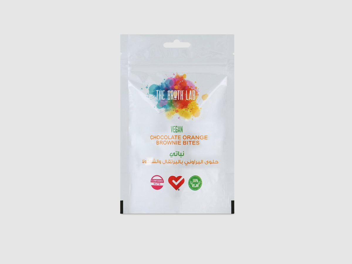 Vegan chocolate orange brownie bites pouch, white packaging with colorful logo