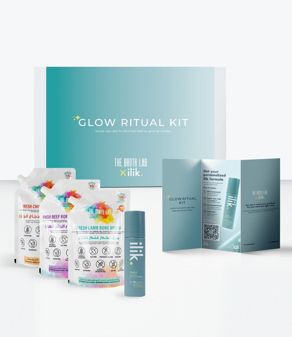 Glow Ritual kit collection with teal box, pouches, and small bottle for skin care